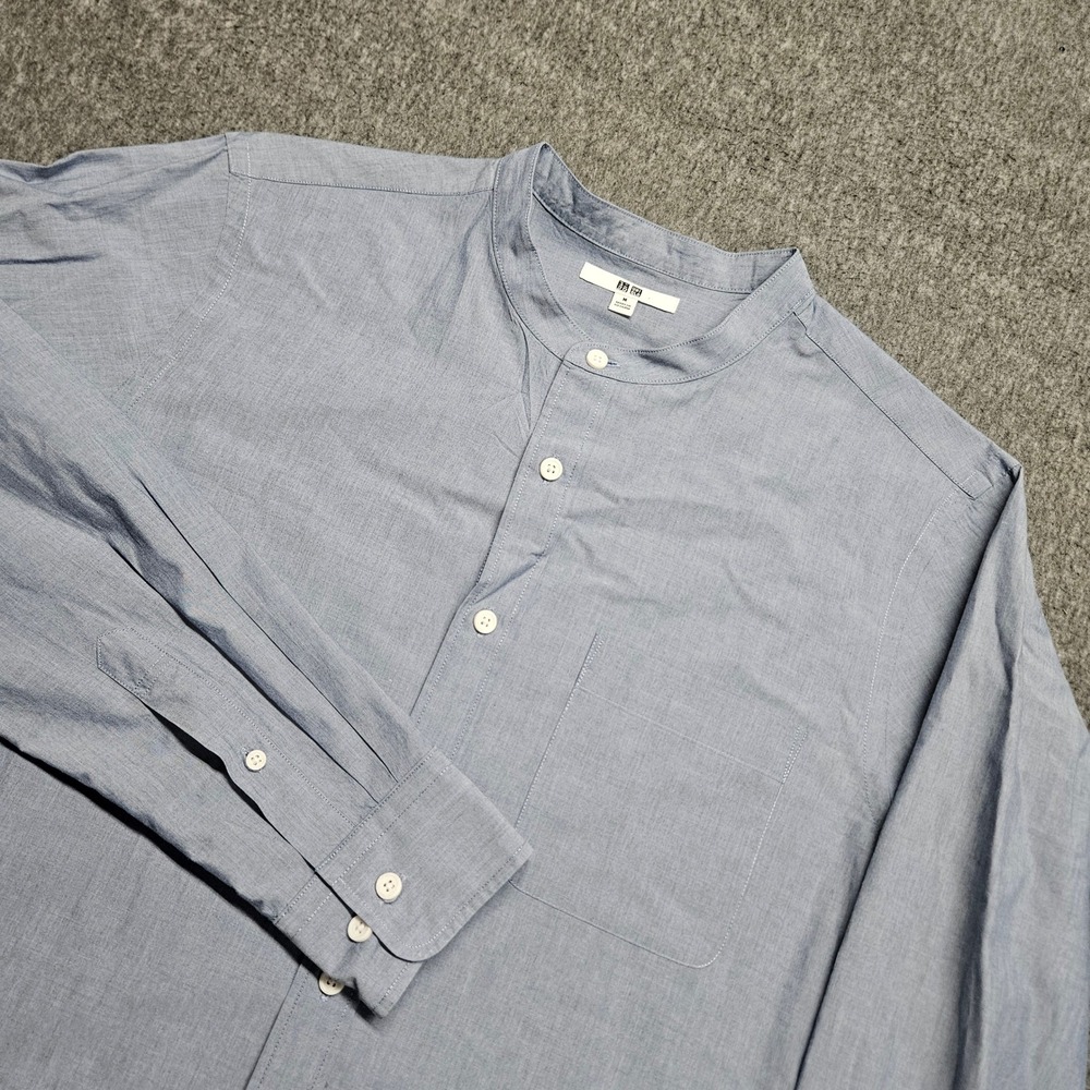 Uniqlo Band Collar Shirt Men Medium Blue Cotton Long Sleeve 331-178796